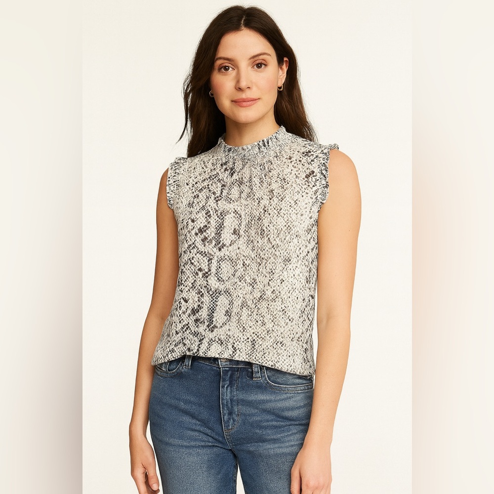 NWOT J. Crew Factory Sleeveless Ruffle Mock Neck Top Size 2 – Snakeskin Print